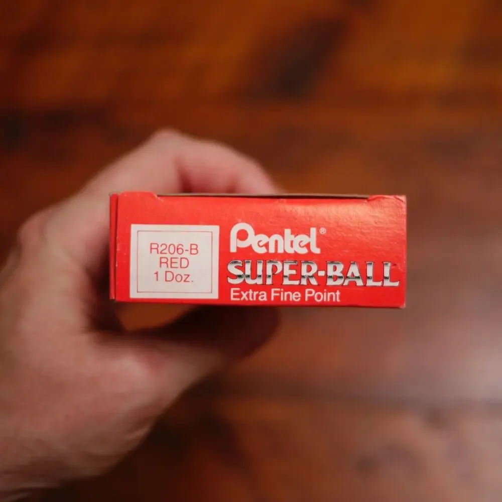 Box of 12 Vtg NEW Deadstock PENTEL Red SUPER-BALL Extra Fine Point Pen R206-B
